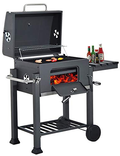 Barbecue Grill,Grill Grillwagen XXL Holzkohlegrill mit Deckel, Rädern, Edelstahl-Griff, Grillrost und Thermometer Holzkohle kohlegrill wagen groß Kohle BBQ Camping, Terrasse, Garten(107 * 115 * 68cm)