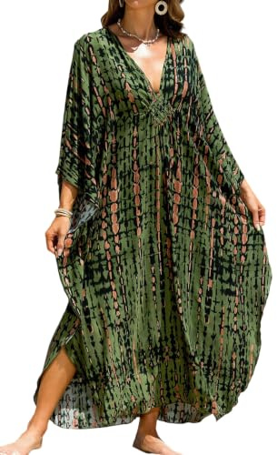 YOUKD Imprimé Floral Long Kaftan Col en V Robe Boho Plage Maillot de Bain Cover Up Maxi Robe pour Femme