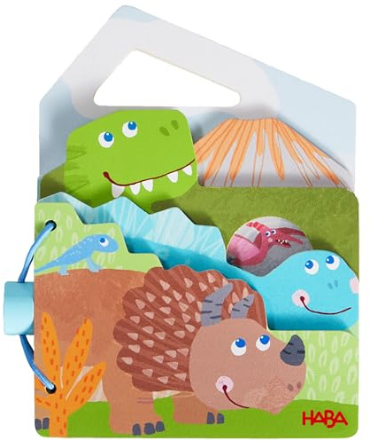 HABA Holz-Babybuch Dinos – Bilderbuch aus stabilem Holz für Babys ab 10 Monaten – Mit Guckloch, Tragegriff & bunten Dino-Motiven – Fördert Motorik & Sprache – 1306789001