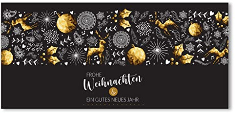 10er Set Grußkarten Weihnachten Hirsch, Schwarz - Gold & Umschläge