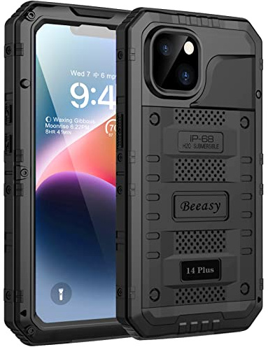 Beeasy für iPhone 14 Plus Wasserdicht Outdoor Hülle (6,7), Stoßfest Panzerhülle Militär 360 Grad Schutzhülle mit Displayschutz, Robust Metall Heavy Duty Handyhülle iPhone 14 Plus Case, Schwarz
