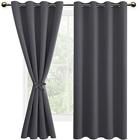 DWCN Dark Grey Blackout Curtains with Tiebacks for Bedroom Thermal Insulated Solid Eyelet Curtains for Living Room,2 Panels,52 Wide x 54 Drop