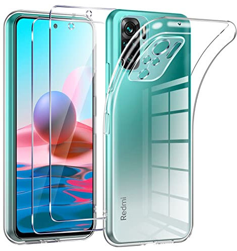 Phoona Funda para Xiaomi Redmi Note 10/ Note 10S Carcasa con 2 Piezas Cristal Templado,Transparente Silicona TPU Protección Funda para Redmi Note 10 Anti-Choques y Anti-Arañazos Caso