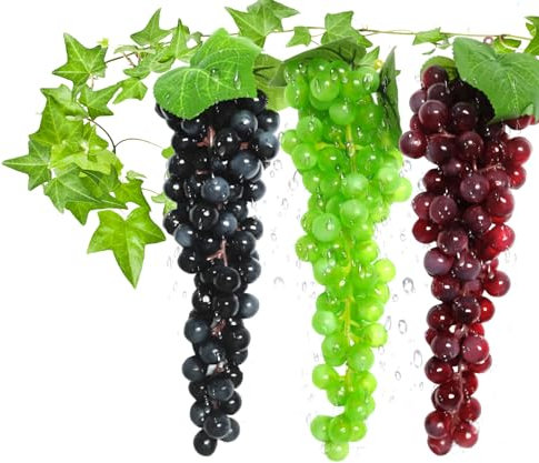 Molyorch 3 Stück Deko Kunststoff Weintrauben, Lebensechte Traube Deko, Künstliches Obst Gemüse Dekoration, für Weindekoration, Künstliche Fruchtstützen, Gartenbüro (85 Kapseln)