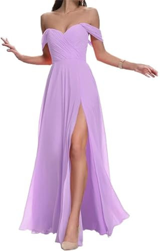 SAYNO QSAW484 - Vestido de fiesta con hombros descubiertos para boda, acampanado, vestido de fiesta, Lilas, 44