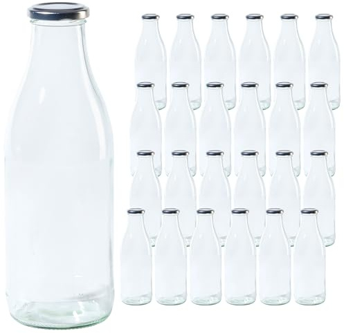 Vitrea 24 leere Glasflaschen 1 Liter Schraubverschluss Silber - Milchflaschen, Saftflaschen, große Flaschen zum Befüllen mit Deckel - für Milch, Saft, Smoothies, Öl - 24 Stück, TO48, Milch