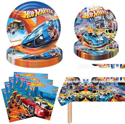 Rennauto Partygeschirr Kindergeburtstag, 41 Stück Auto Pappteller Geburtstag Pappgeschirr Set Party Geschirrset für 10 Gäste Jungen Mädchen Geburtstagsfeier