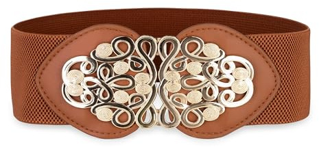 BlackButterfly Bred Dra åt Stretchig resår Midjeband Retro Guld Medusa Spänne Midja Bälte (Ljusbrun, XXL)