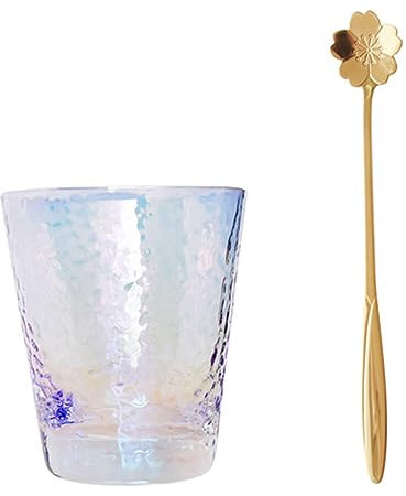 COLLBATH Colorful Hammered Glass Cup with Spoon Stylish Drinking Glass for Beer Wine and Cocktails for Home Parties and Entertaining Guests