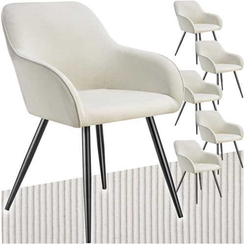 tectake® Sillas de Comedor, Silla Acolchada con Tejido de Pana, Respaldo Continuo, Patas de Acero Robustas, Muebles Comedor, Sillas Comedor Modernas, Silla Comedor Nordica - 6 Sillas Crema/Negro