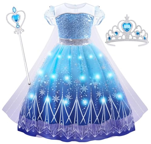 AUYAO Prinsessdräkt med LED-ljus för barn och flickor, 3 delar, prinsessklänning i set med krona och trollstav, för utklädnad till jul, karneval, halloween, födelsedagsfest och party (120 cm)