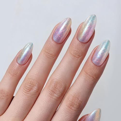 VSALON Kurze Mandel-Nägel zum Aufdrücken – Aquarell-Marmor-Texturnägel, wiederverwendbare künstliche Nägel mit Nagelkleber, ätherisches Öl, einfache Tabs und Mini-Nagelfeile, 32 Stück in 16 Größen