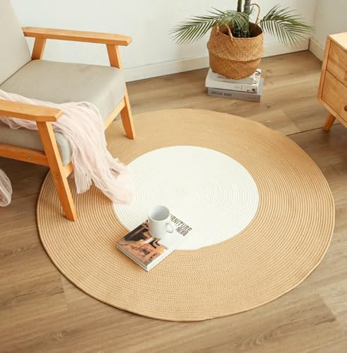 INKAROBOX Tapis Rond tissé à la Main en Pur Coton avec Pompons au Look rétro pour Chambre à Coucher, Salon, Table, Bureau (Noir/Beige, 120 cm (Rond)) (Blanc/Beige, 100 cm (Rond))
