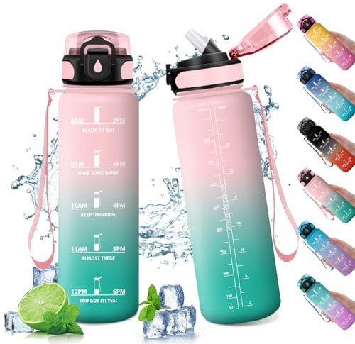 Borraccia sportiva da 1 L, impermeabile, con cannuccia, bottiglia riutilizzabile, per 1 giorno, motivazione per bambini e adulti, escursionismo