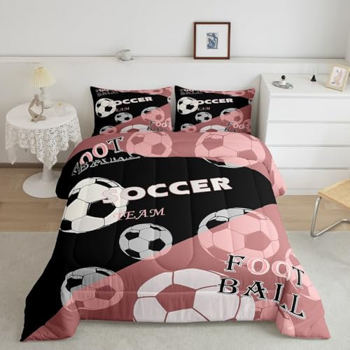 Loussiesd Juego de edredón de fútbol, juego de ropa de cama doble con diseño de juegos de fútbol para niños y niñas, edredón de plumón rosa con temática deportiva