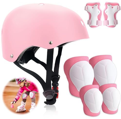 WDKXCN Protezioni Pattini Bambina, Set Protezione Pattini Bambina 7 Pezzi, Casco Monopattino Regolabile con Ginocchiere Polso Gomitiere, per Skate Bicicletta Pattinaggio e Altri Sport Estermi