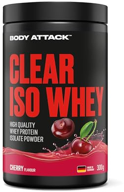 Body Attack Clear Iso Whey Cherry Flavour, 300g - Made in Germany - Erfrischendes, klares Whey Protein Isolat - 24 g Protein und 11.400 mg EAAs pro Iso Whey Shake, zucker-& fettfrei