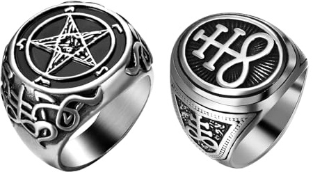 OIDEA Herren Kreuz Ring Set: 2 Stück Siegelring Baphomet Pentagram Satan Luzifer Ziegenring Gothic Amulett Schmuck Geschenk für Männer Junge Freund Größe 54-70