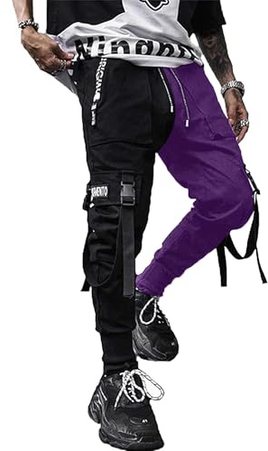 XYXIONGMAO joggingbyxor för män Techwear Hip Hop harembyxor streetwear taktiska träningsbyxor, Svart och lila, XXL