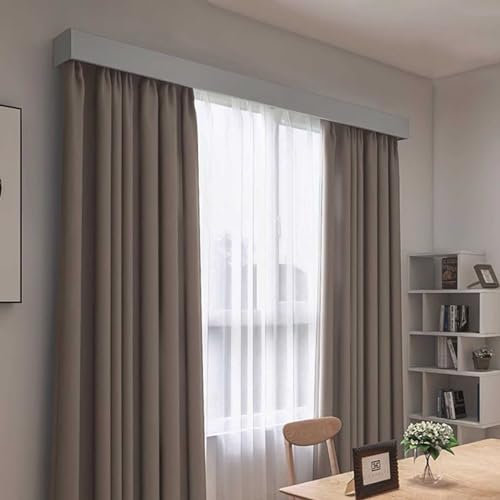 Grauer Fenstervorhang-Querbehang mit Abdeckung, 300 cm, Vorhangschiene und Volant, dekoratives Gardinenstangen-Set für Wohnzimmer, inklusive 2 Gleitschienen