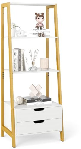 COSTWAY Scaffale a Scala, Libreria in Legno a 4 Ripiani con 2 Cassetti, Scaffale Salvaspazio da Terra per Camera da Letto, Studio, Ufficio e Soggiorno, 52 x 39,5 x 134 cm (Bianco)