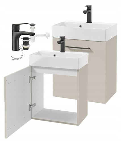 DomoDomo - Mobile sottolavabo da appendere, 60 x 50 cm, con lavabo e rubinetto, in cashmere opaco, profondità 30 cm, chiusura morbida, set con sifone e click-click