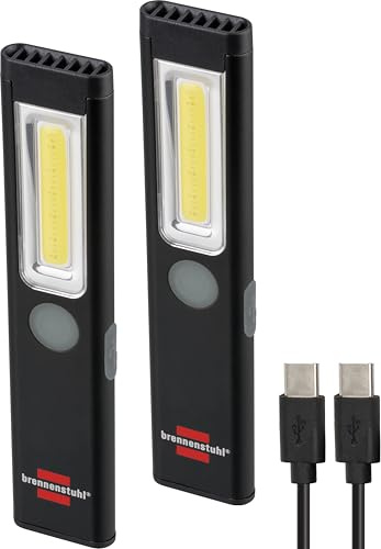 Brennenstuhl LED Akku Handleuchte PL 200 AC Set / 2x LED Taschenlampe mit COB LED (200lm, inkl. 2x USB C-Ladekabel, bis zu 12h Leuchtdauer, Inspektionsleuchte mit Magnet und Clip)