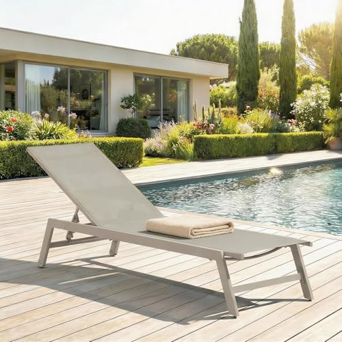 IDIMEX Gartenliege ESPIRITU höhenverstellbar, Champagne – Sonnenliege mit verstellbarem Kopfteil aus Aluminium und UV-beständigem Textilene, für Terrasse Balkon Garten Outdoor Relaxliege