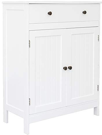 Bonnlo Bathroom Floor Storage Cabinets Free Standing, Unit & Cupboard with 1 Drawer, Adjustable Shelf, 30x60x80 cm, Wooden Cabinet for Living Room Kitchen Hallway, White