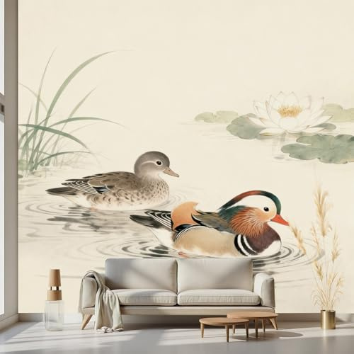 Kioldoq Niedlich Ente Tapete 200 x 140 cm, Tier Bauernhof Selbstklebende Tapete, Lotus Blumenmuster Fototapete Wand 3d Effekt Dekoration, Motivtapeten Schlafzimmer Wohnzimmer