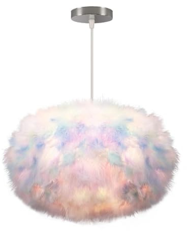 Pendellampa med fjäder, inomhuskrona med färgglad fjäderskärm, hängande lampa för tonårsflickor, taklampa för sovrum, hall, vardagsrum, 35CM