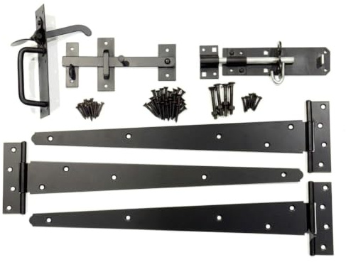 Heavy Duty Gate Hardware Kit with 18 3 Strap Hinges, Thumb Latch, Brenton Bolt & Catch | Black Barn Door Set for Wooden Gates & Sheds