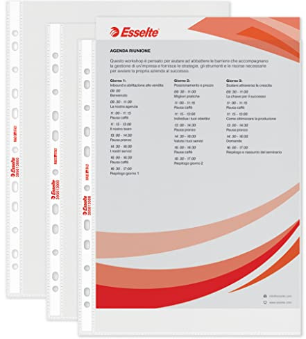 Esselte, 100 fundas para carpetas de anillas A4, carpetas con agujeros estándar impermeables para 2/3/4 anillas, de PPL antirreflectante, fundas transparentes para archivar y almacenar más hojas