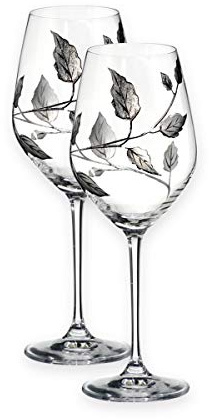 Quality Par de Copas de Vino con diseño de Hoja Plateada, Color Rojo y Blanco, soplado a la Boca/Cristal Decorado a Mano, Ideal como Regalo de Bodas de 25 años, 23,5 cm