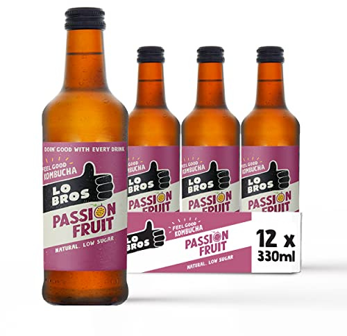 Lo Bros Kombucha - Passionfruit - Sparkling Refreshing Drink with Natural Ingredients and Live Cultures, Supports Gut Health, Low Sugar, Vegan, Gluten Free, Bottles- 12 x 330ml