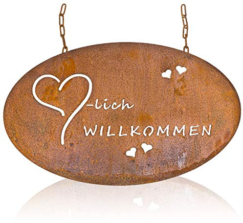 Metall Tafel Herzlich Willkommen mit Rost-Finish Kette zum aufhängen Schild Spruch Garten Dekoration Gartendekoration Rosttafel Gartenschild rostig Edelrost antik Nostalgie braun 45 cm lang