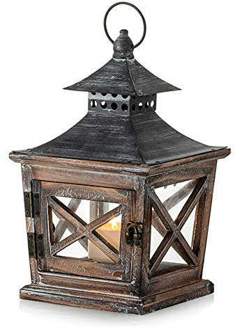 NUPTIO Laternen Holzlaterne Deko Holz: Laterne Wohnzimmer Holzlaternen Vintage Dekolaterne Kerzenhalter aus Metall & Glas für Halloween Wohnzimmer Kamin Tafelaufsätze Tischdekoration, 27cm Höhe