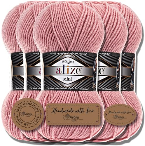 Hobby YARN 3x Etikettenlabel mit Alize Superlana Midi Wolle Premium 5x100g als Set, Yarn, Garn, Strickgarn, Einfarbig, Baby, zum Häkeln, Stricken, Kleidung, Schals (Powder | 161)