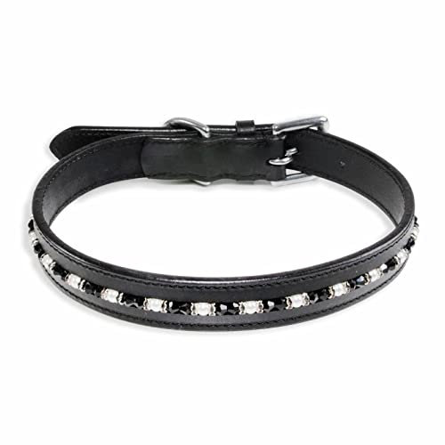 Monkimau Halsband Hund echt Leder Hunde Halsbänder schwarz mit Kristallen Lederhalsband verstellbar Dog Collar Hundehalsband (L-M: 25mm x 60cm)