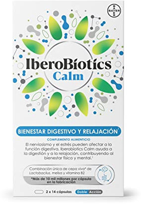 Iberobiotics Calm Probóticos, Enzimas Digestivas con Lactobacilus, Melisa y Vitamina B2, Doble Acción para Bienestar Digestivo y Mental, 28 Cápsulas