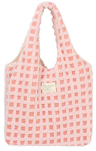 MEGAUK Damen Plüsch Umhängetasche Große Kapazität Cartoon Bär Stickerei Shopper Schultertasche Tote Bag für Uni Arbeit Mädchen Schule
