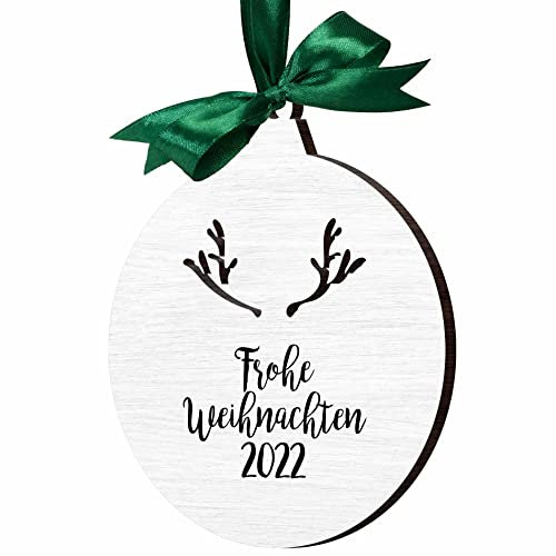 Persönlicher Weihnachtsschmuck – Runder Holzanhänger mit Namen Personalisieren – Holz Weihnachtskugel weiß braun – Weihnachtsdeko selbst gestalten - Geweih
