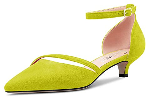 Castamere Mujer Bajos Gatito Heel Cerrado el Dedo del pie Puntiaguada Pumps Correa Tobillo Two-Piece Cierre con Hebilla de Boda Fiesta Sexy Dress Zapatos 3.5 CM Heels Verde Lima 38 EU