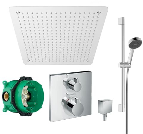 vanvilla Duschsystem Unterputz mit Duscharmatur Hansgrohe poliert HG38 | Duscharmatur von Hansgrohe Ecostat Square Thermostat Armatur und vanvilla Regendusche eckig, Duschstange Dusch-SET poliert
