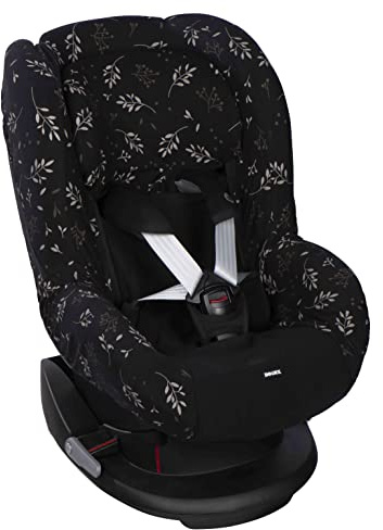 Dooky - Sitzbezug für Kindersitz Leaves Schwarz - Sitzschale, Kindersitzunterlage, Sitzschoner - Altersgruppe 1+ 9-18 kg - 3&5 Punkt Gurtsystem - Universal Passform - Baumwolle