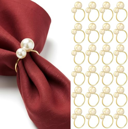 Sliner 100 Pcs Pearl Napkin Rings, Gold Table Napkin Holder Buckles for Dinning Table Setting Christmas Wedding Party Supplies