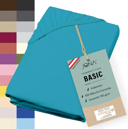 JONA SLEEP® Basic Spannbettlaken 90-100 x 200-220 cm - 190 g/m² faltenfreies Baumwoll-Jersey Leintuch, Made in Austria, Öko-Tex 100 Standard (Petrol)