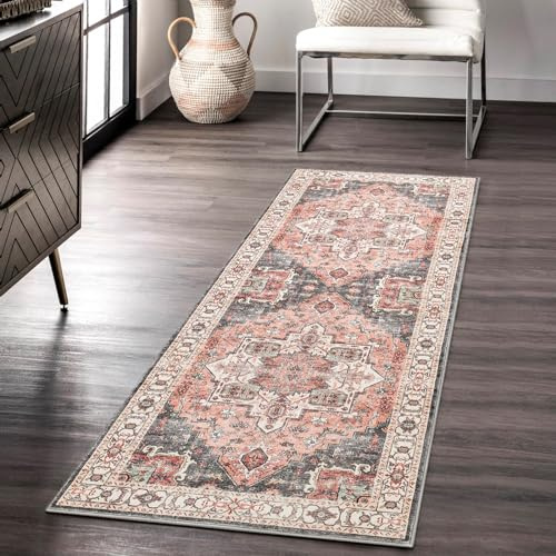 Carvapet Alfombras de Pasillo Larga 60x180cm Alfombra Corredor Antideslizante Rosa Alfombras de área Lavable Suave Microfibra Medallón Vintage Alfombra Comedor Pasillo