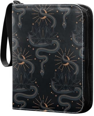 Boho Schlange mit Lotus Sammelkartenalbum 4 Taschen Kartenordner 50 Seiten 400 Karten PU Reißverschluss Kartenbinder Aufbewahrungshalter für Sportspielkarte