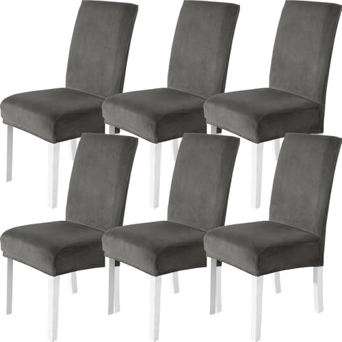 CYCMACO Stuhlhussen Samt 6er Set, Stretch Stuhlüberzieher, Stuhlbezug Schwingstuhl, Hussen Für Stühle Hochlehner, Stuhlbezüge Kratzfest, Universal Chair Cover Waschbarer, Grau